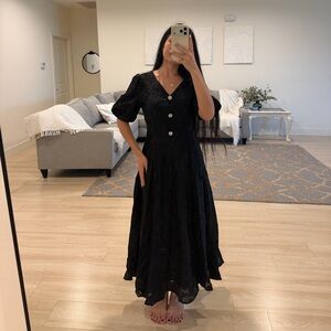 Aritzia Black V-Neck Puff-Sleeve Midi Dress with Decorative Buttons